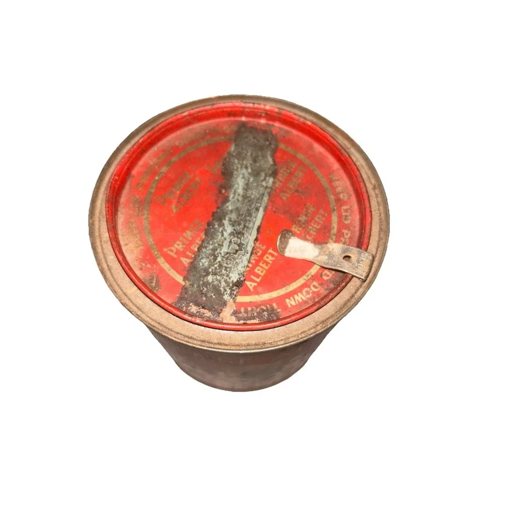 VINTAGE PRINCE ALBERT CRIMP CUT TOBACCO  EMPTY STORAGE TIN RED/WHITE DECORATIVE